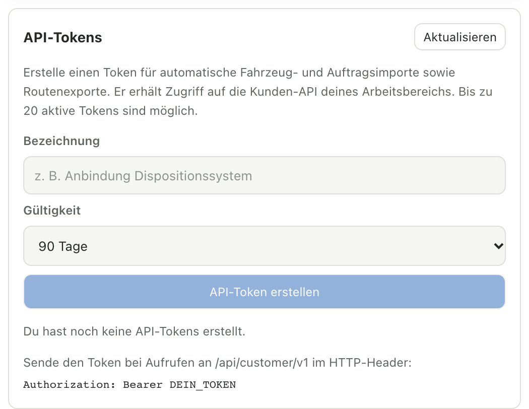 API-Tokens mit Bezeichnung, Gültigkeitsauswahl und API-Token erstellen