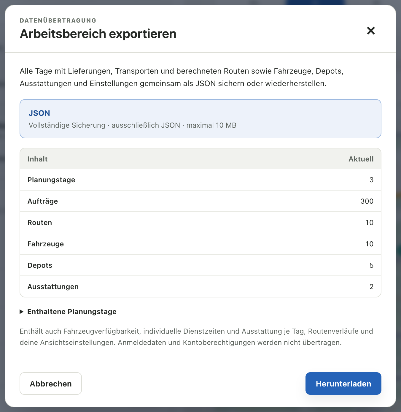 Gesamtexport als JSON mit drei Planungstagen, 300 Aufträgen, zehn Routen, zehn Fahrzeugen, fünf Depots und zwei Ausstattungen
