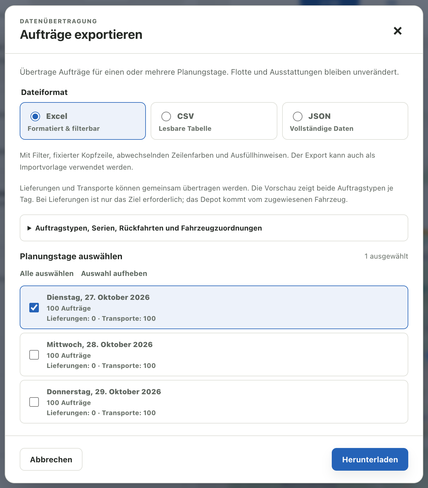 Auftragsexport mit Dateiformaten und Tagesauswahl mit getrennter Anzahl von Lieferungen und Transporten