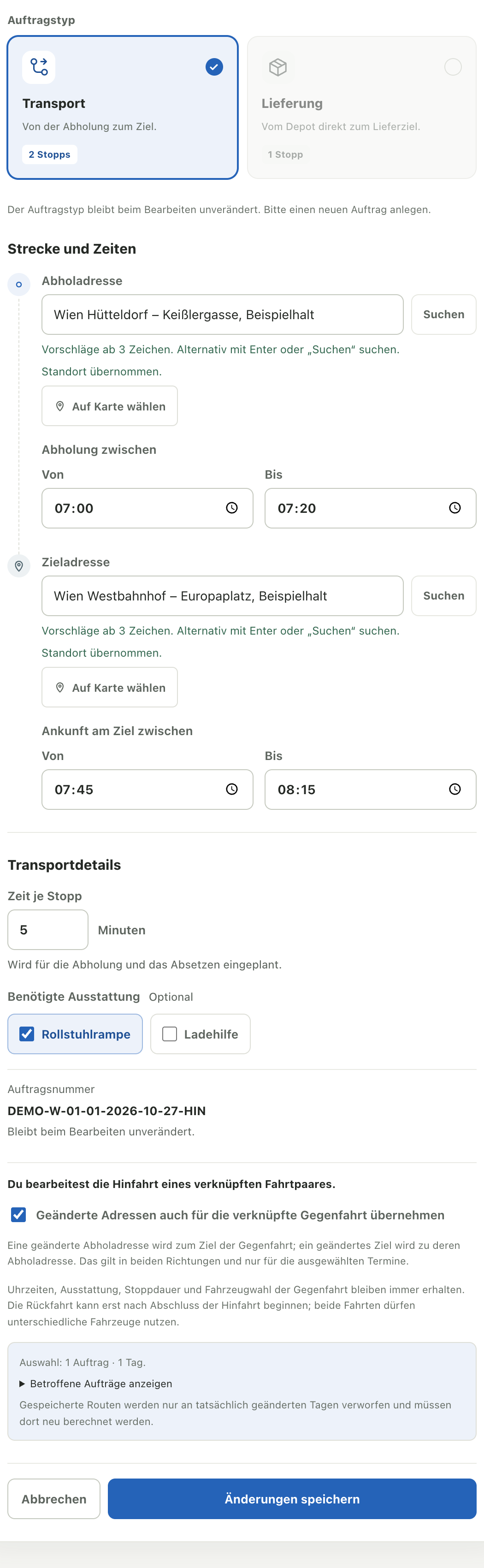 Auftragsformular mit bestätigten Adressen, Abholung von 07:00 bis 07:20, Zielankunft von 07:45 bis 08:15 und Rollstuhlrampe