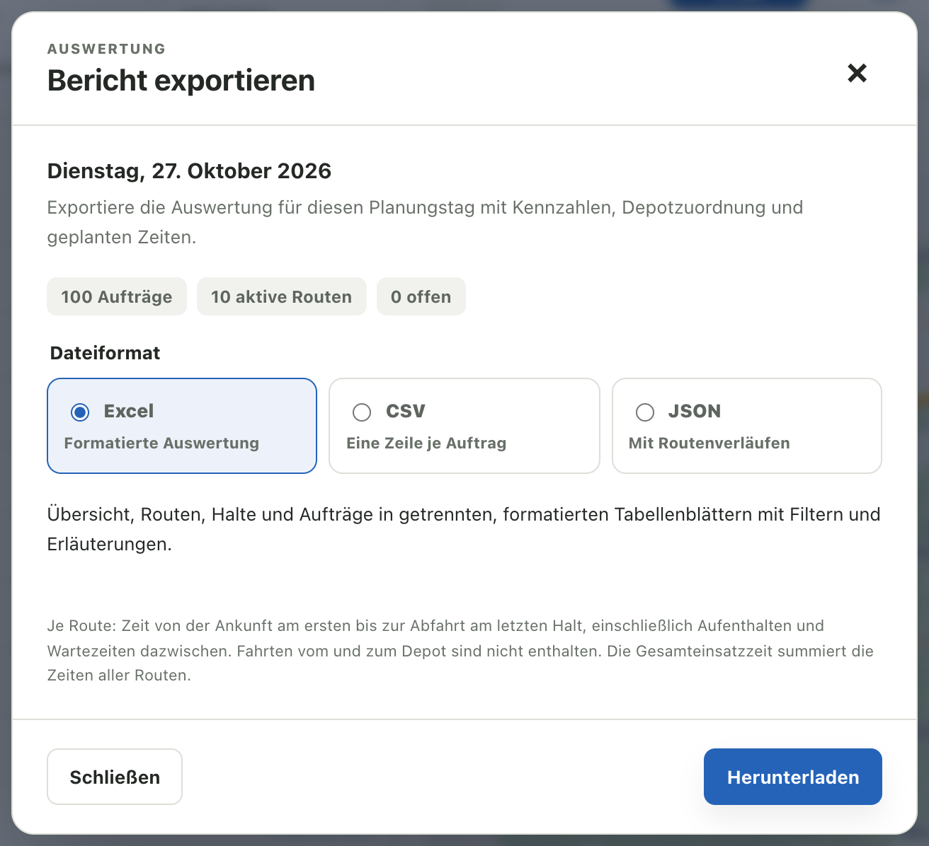 Berichtsexport für den 27. Oktober mit Excel, CSV, JSON sowie 100 Aufträgen, zehn Routen und null offenen Aufträgen