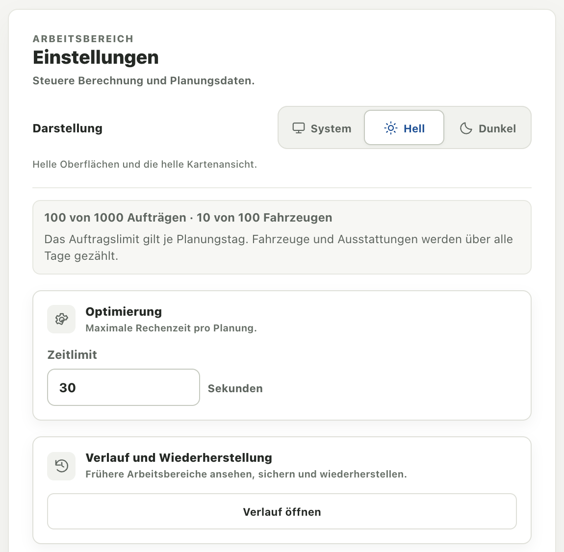 Einstellungen mit Darstellung, Zeitlimit und Einstieg in Verlauf und Wiederherstellung