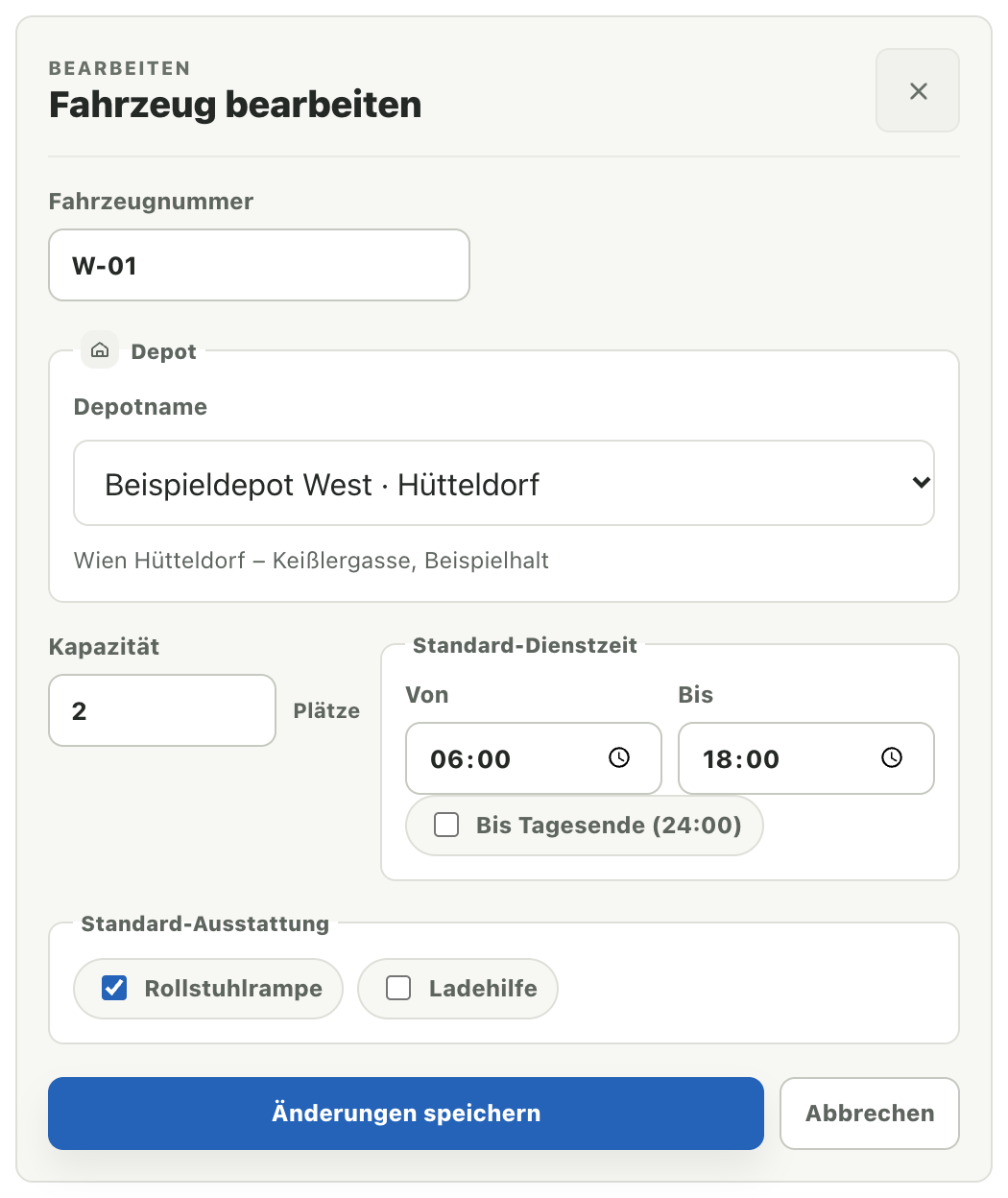 Fahrzeugformular für W-01 mit Depot, Kapazität, Standard-Dienstzeit und Standard-Ausstattung