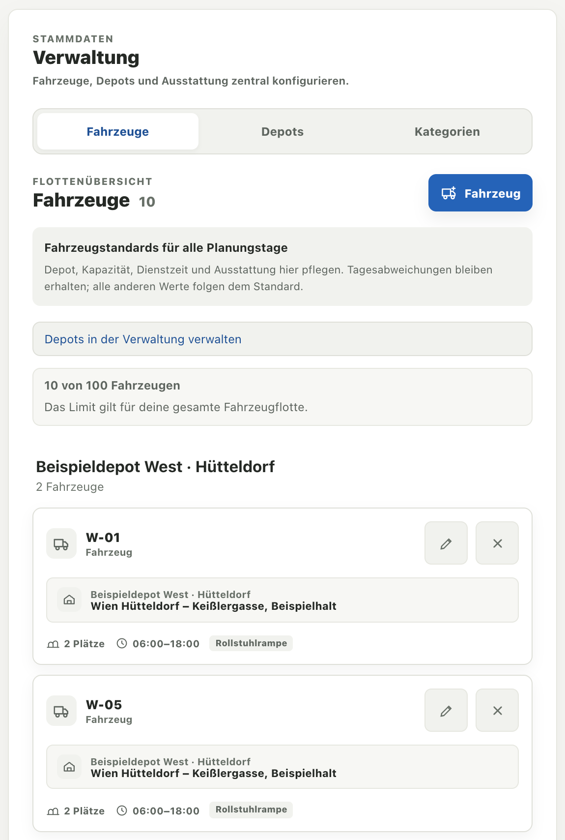 Verwaltung mit den Reitern Fahrzeuge, Depots und Kategorien sowie der gemeinsamen Fahrzeugflotte