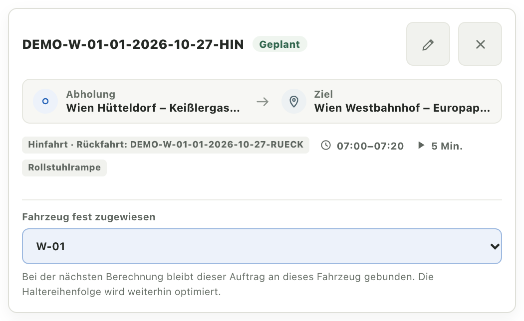 Auftragskarte mit Fahrzeugzuordnung und fest zugewiesenem Fahrzeug W-01