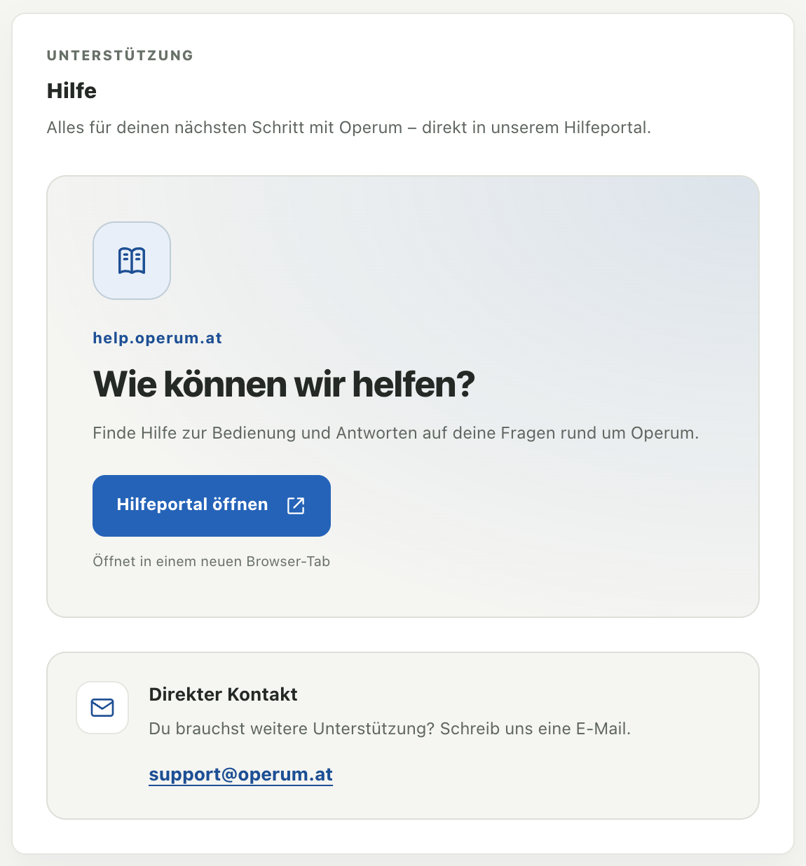 Hilfebereich in Operum mit Hilfeportal öffnen und direktem Support-Kontakt