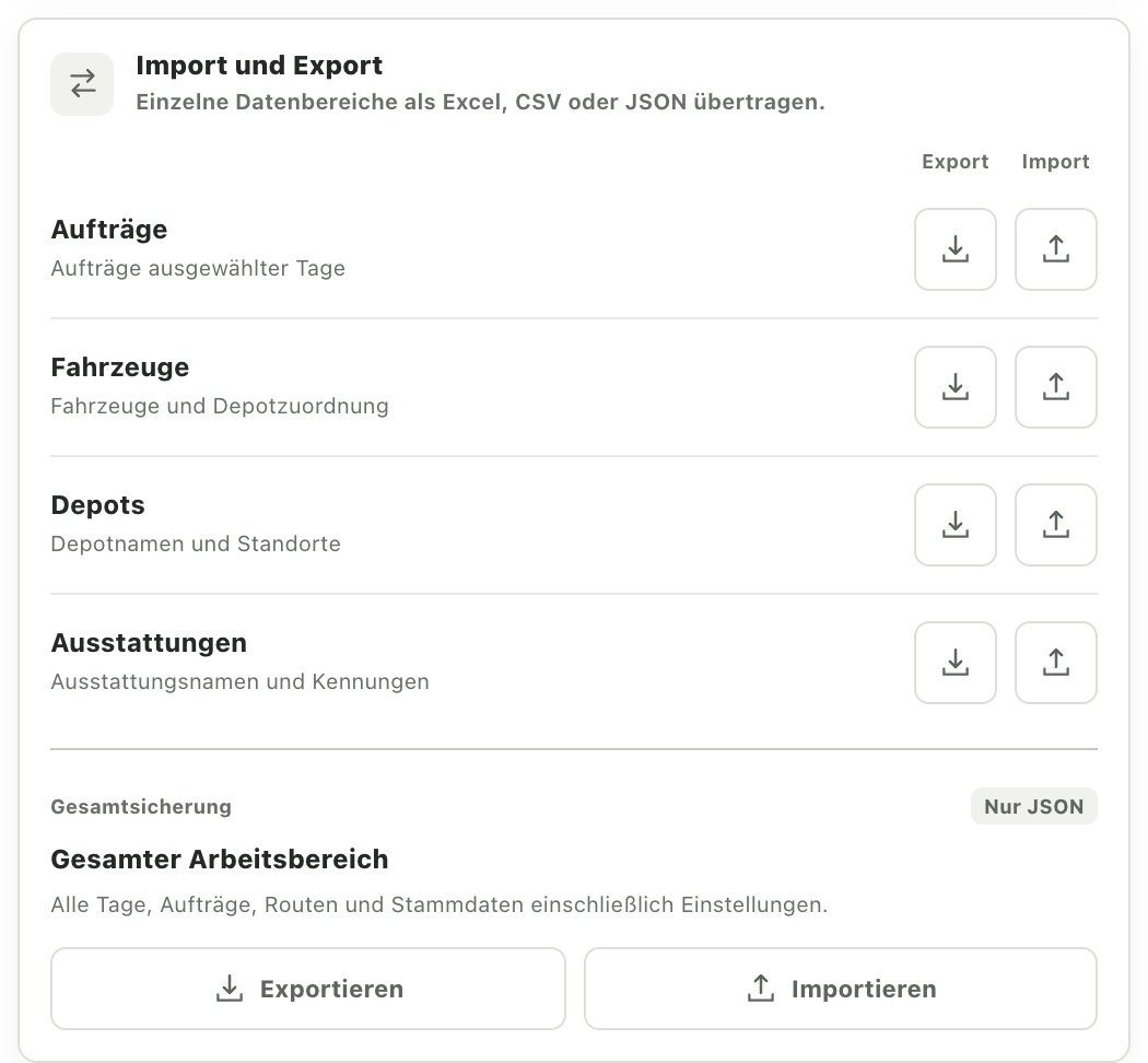 Import und Export mit getrennten Bereichen für Aufträge, Fahrzeuge, Depots, Ausstattungen und Gesamtsicherung