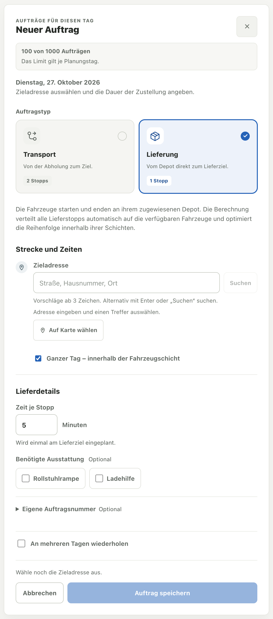 Lieferformular mit den Auswahlkarten Transport und Lieferung, Zieladressfeld und ganztägiger Planung