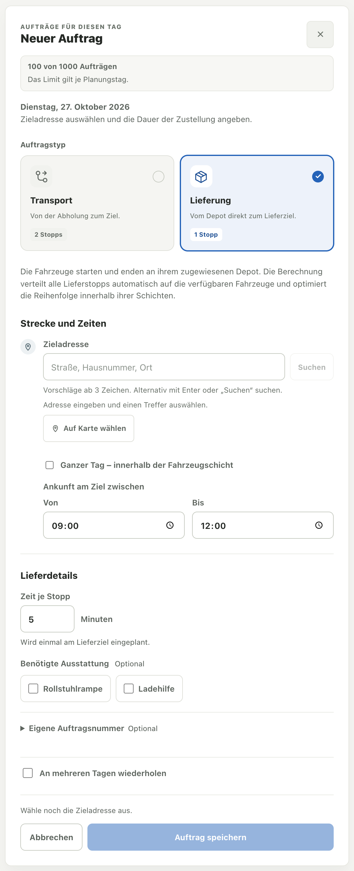 Lieferung mit deaktiviertem Ganzer Tag und Ankunftsfenster von 09:00 bis 12:00