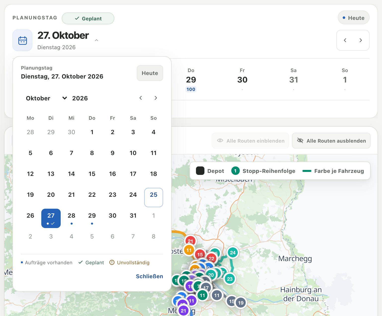 Wochenauswahl mit dem geplanten 27. Oktober sowie je 100 Aufträgen am 28. und 29. Oktober
