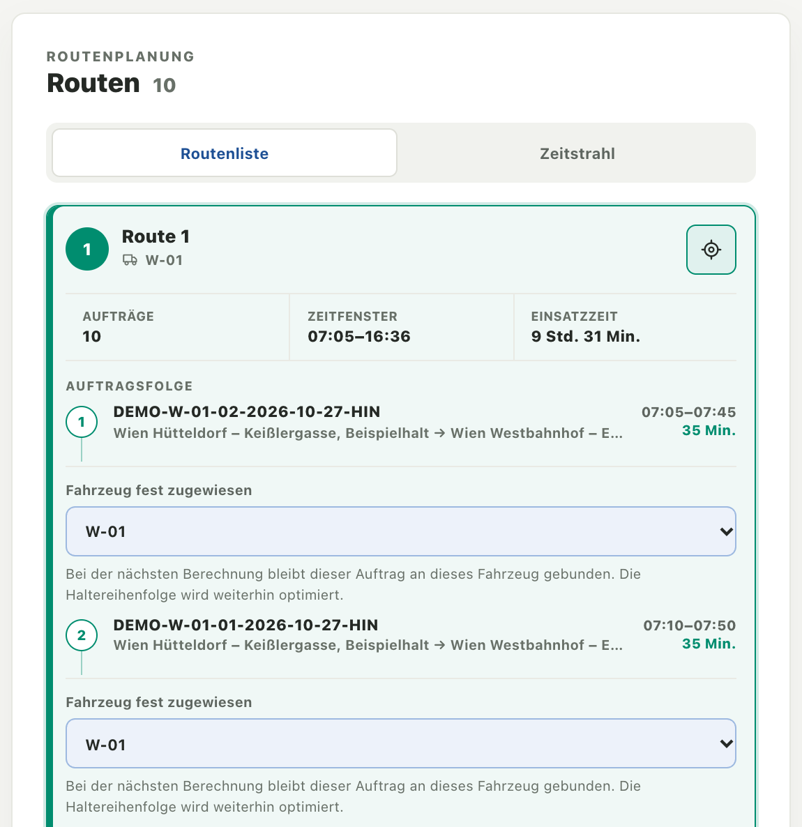 Route 1 für W-01 mit zehn Aufträgen, Zeitfenster, Einsatzzeit und dem ersten Auftrag mit fester Zuordnung