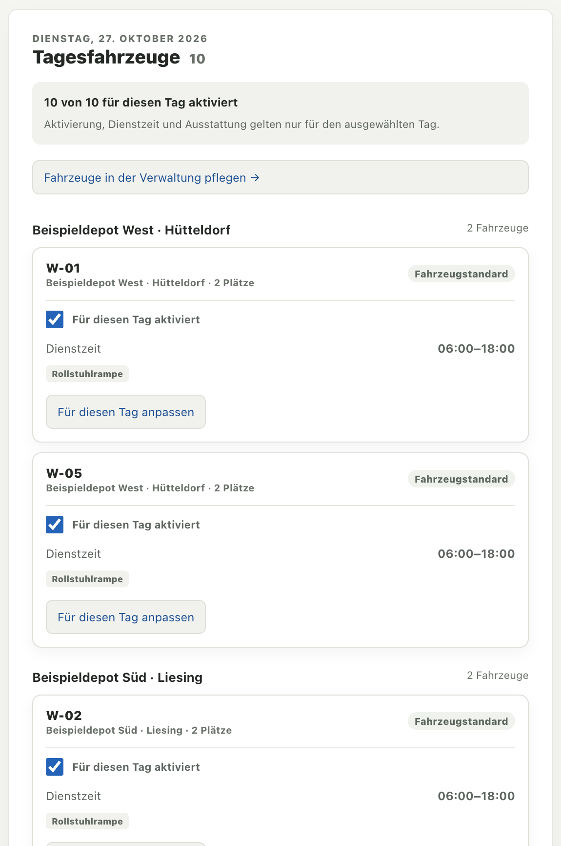 Tagesfahrzeuge mit Aktivierungsschaltern, effektiver Dienstzeit und Fahrzeugstandard