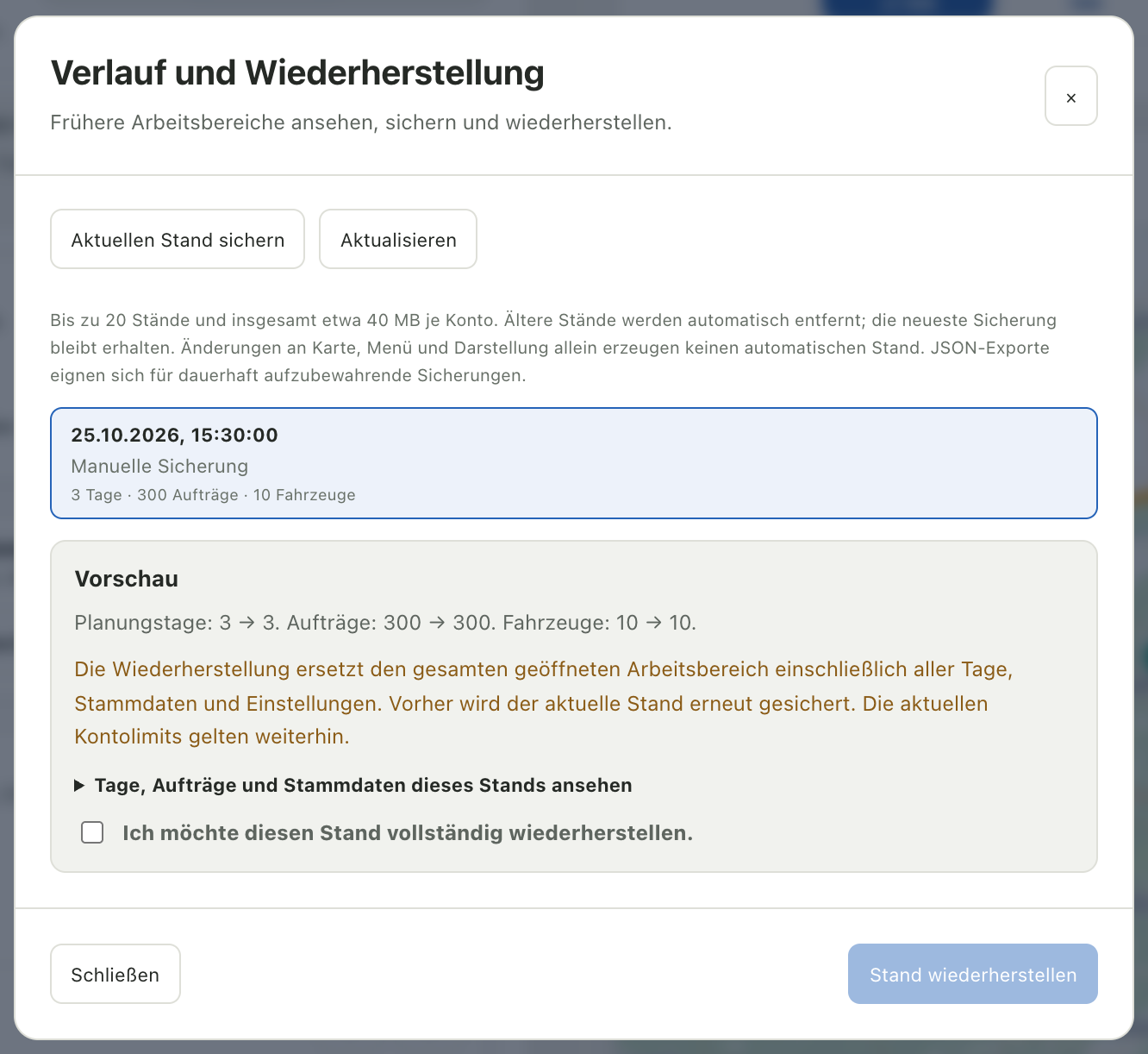 Verlauf mit ausgewähltem Beispielstand und Vorschau vor der Wiederherstellung